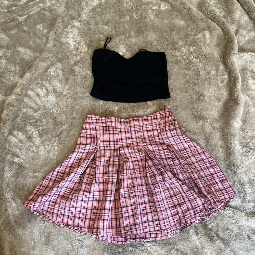 Pink plaid skirt set